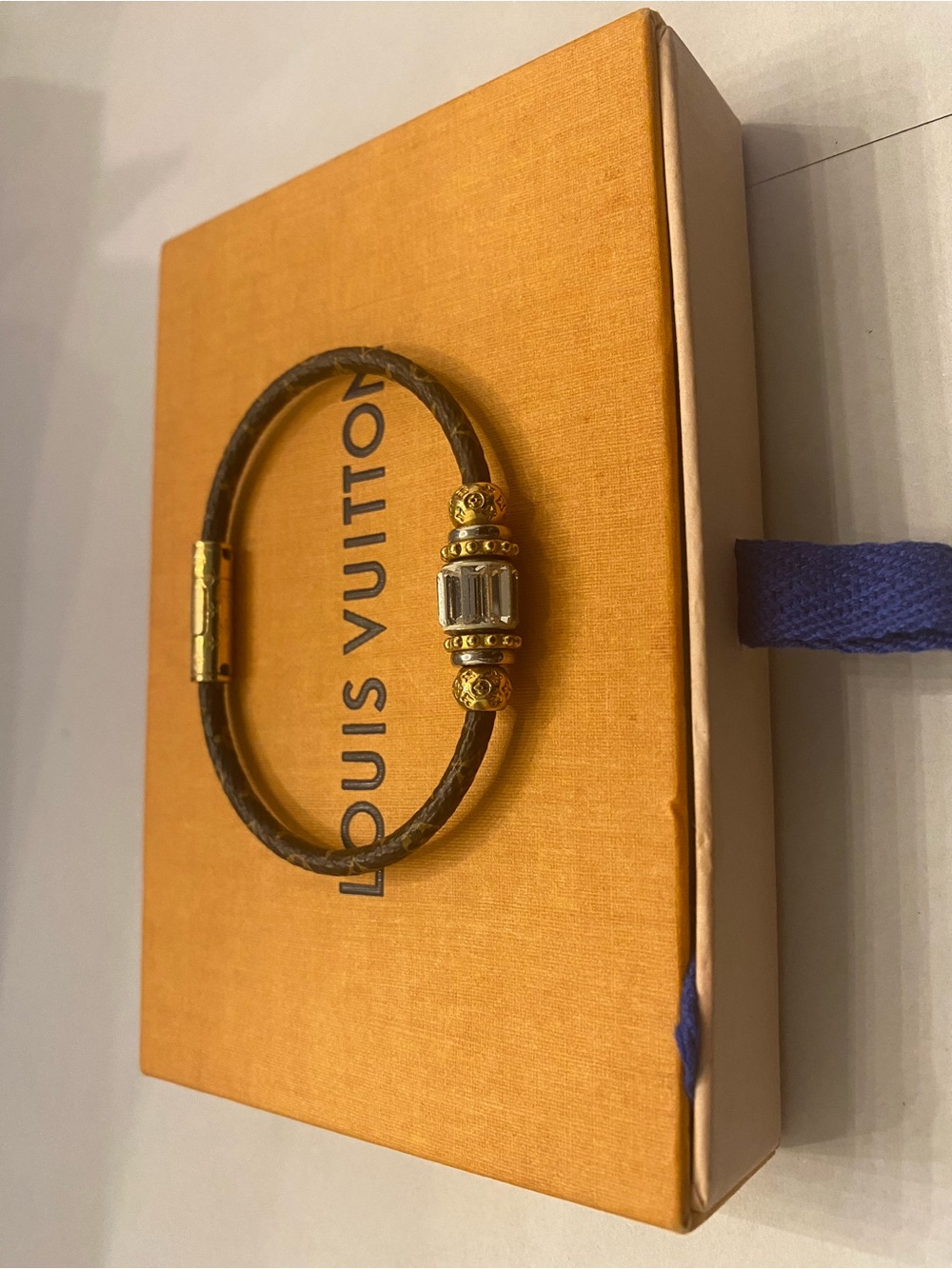 Louis Vuitton Brown and Gold Monogram Leather Bracelet with Crystal Accent